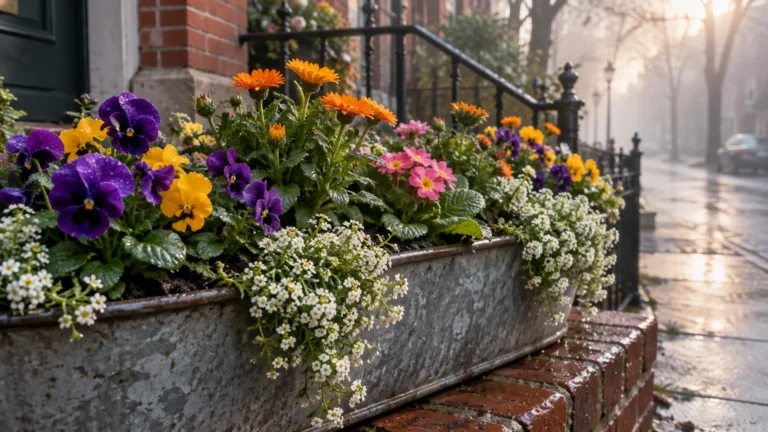 Galvanized metal planter box filled with colorful pansies, orange calendula, pink primroses, and white sweet alyssum.