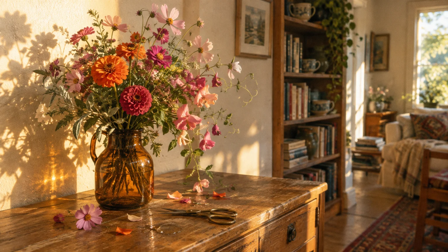 Amber glass jug filled with colorful fresh flowers on a rustic wooden sideboard in golden sunlight.