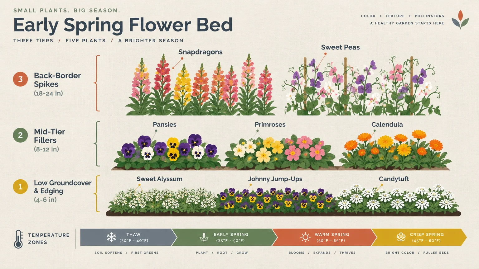 Diagram of early spring flower beds across three height tiers, featuring snapdragons, pansies, and sweet alyssum.