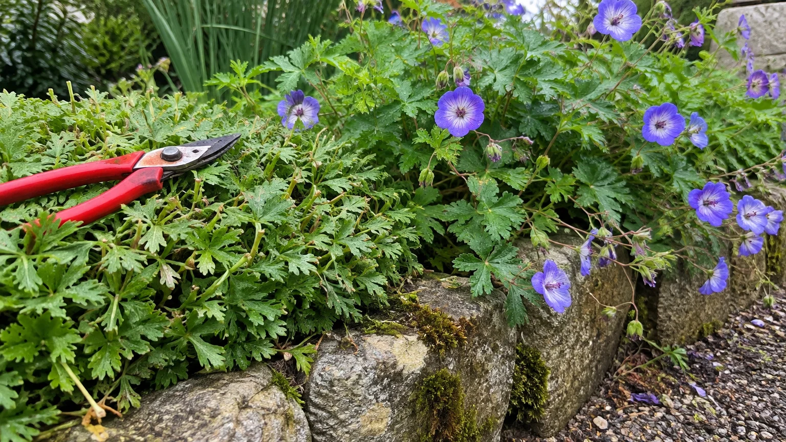 Red pruners resting on freshly trimmed green foliage next to purple cranesbill geranium blossoms along a stone border.