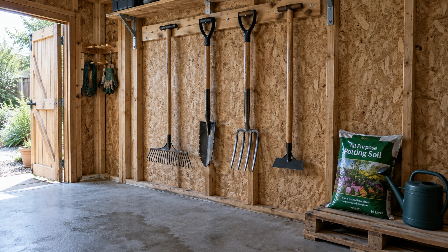 Garden tools hung on an OSB shed wall above a concrete floor, next to a bag of potting soil on a pallet.