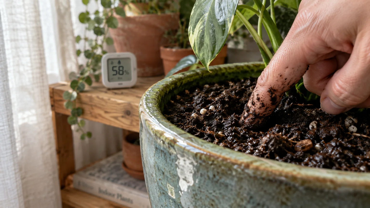 A finger presses into dark, wet soil inside a potted indoor plant next to a digital humidity monitor showing 58%.