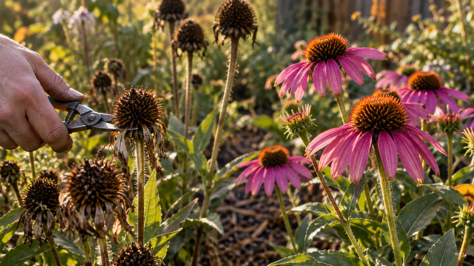 A gardener cuts off a dead coneflower seed head with pruning shears beside blooming pink coneflowers.