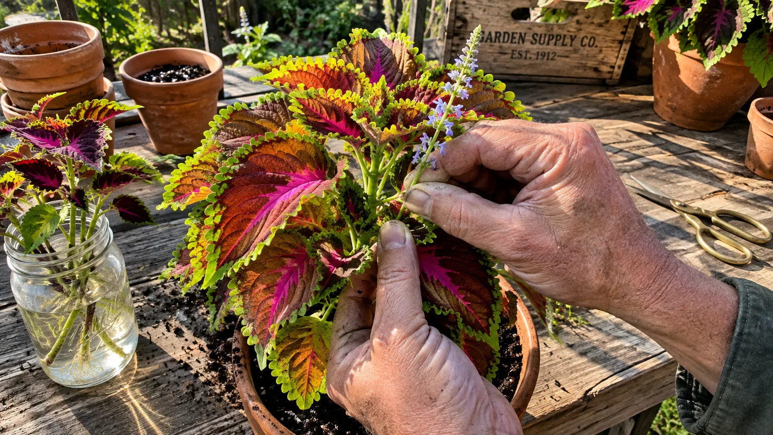 Hands pinching a purple flower spike from a potted coleus plant with vibrant pink, burgundy, and green leaves.