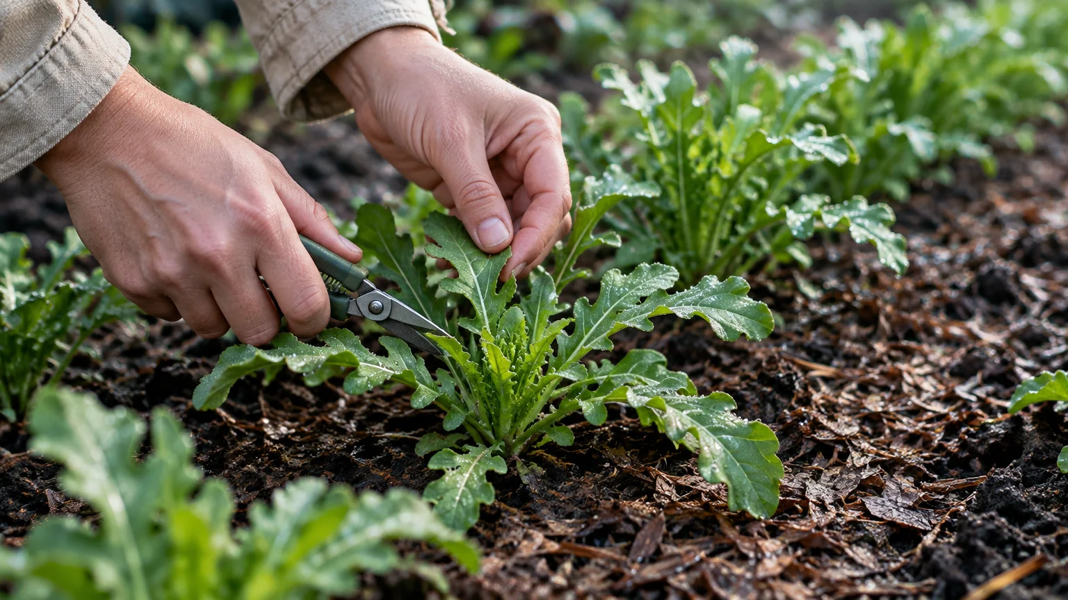 Hands using shears to harvest fresh green arugula leaves growing in a garden bed of dark soil.