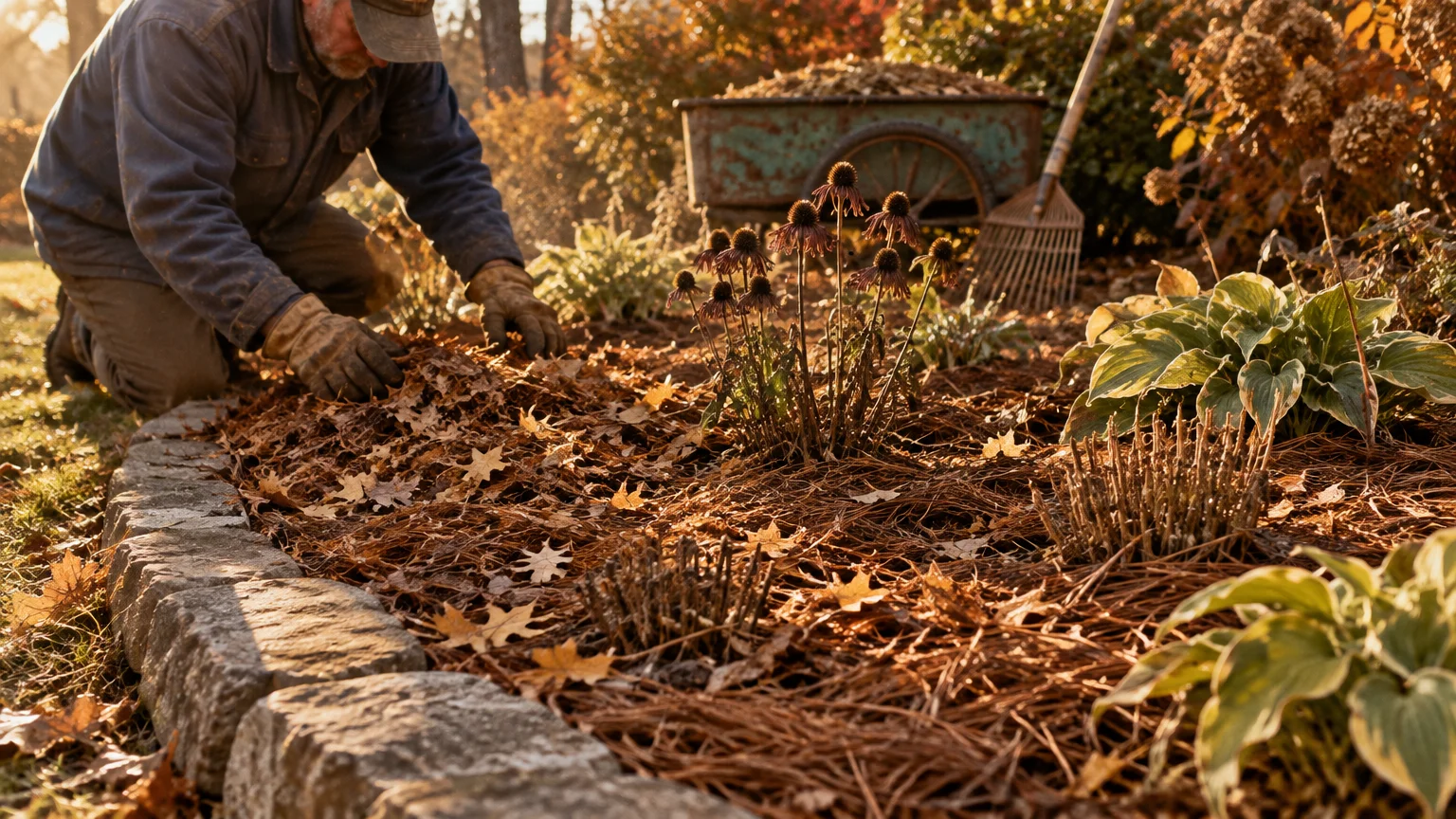 A gardener kneels by a stone-edged flower bed spreading dry pine needles and leaves around perennials.
