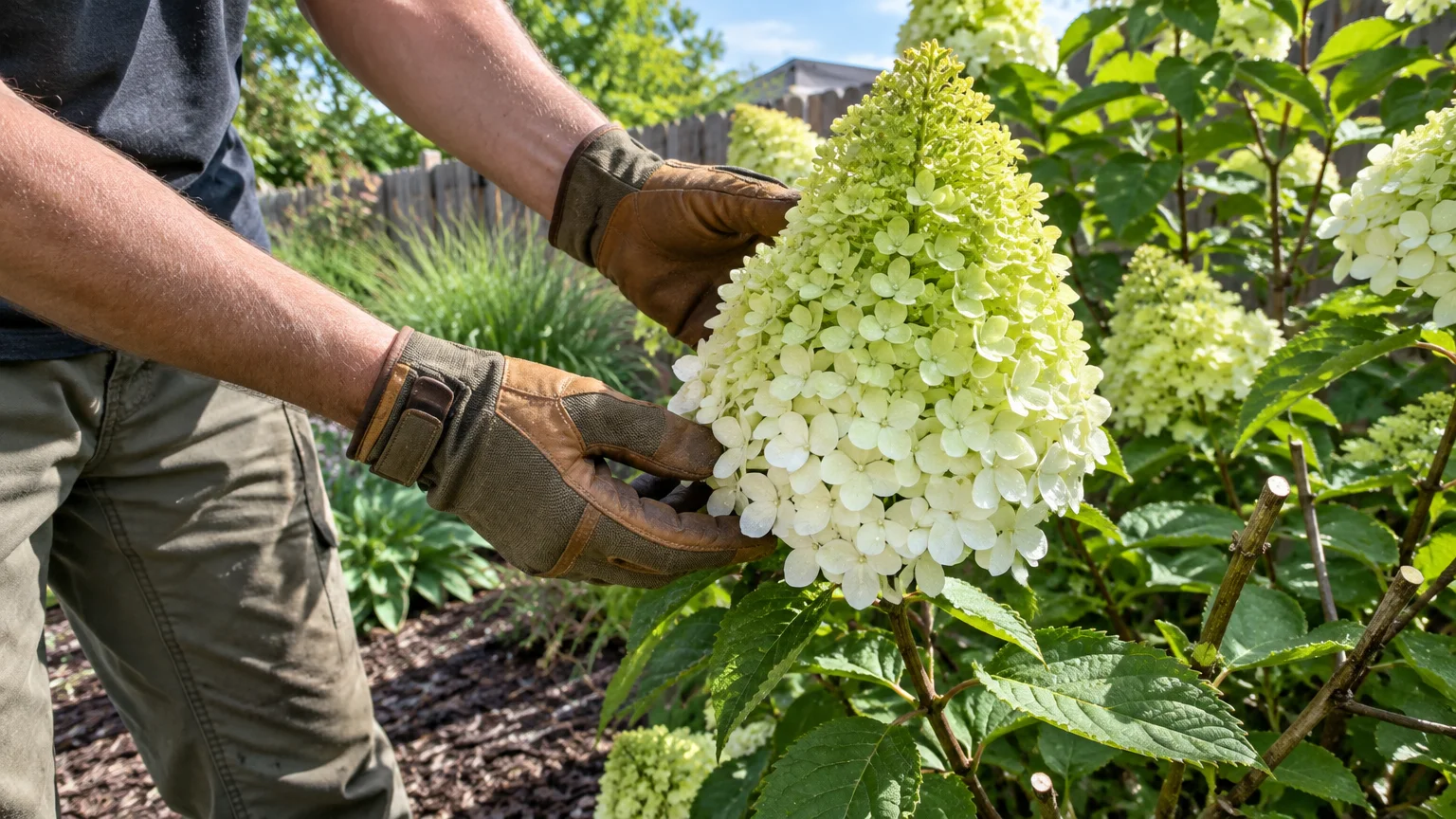 A gardener wearing work gloves holds a large, cone-shaped chartreuse and ivory panicle hydrangea bloom outdoors.
