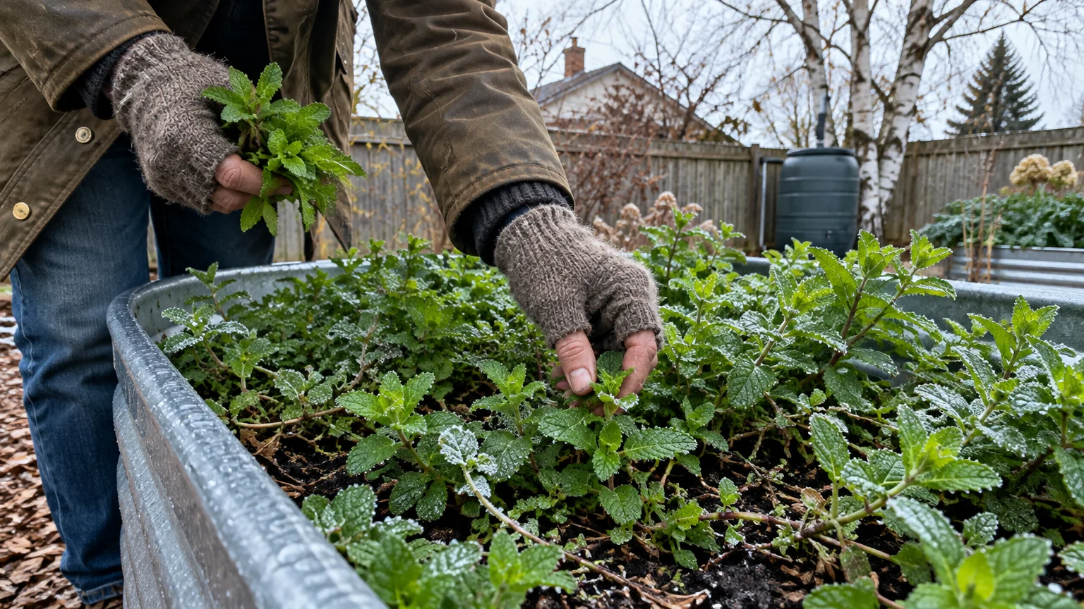 Person in fingerless knit gloves harvesting frost-dusted mint leaves from a galvanized metal garden container.