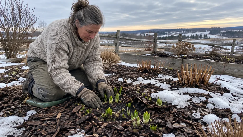 A woman kneels in a snowy garden bed, tending to emerging green plant shoots in the mulched soil.