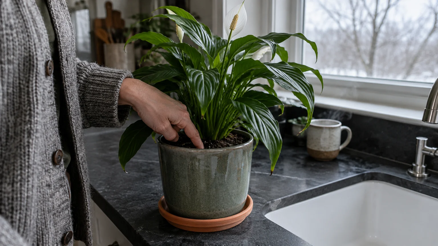 A person presses a finger into the soil of a potted blooming peace lily on a dark kitchen countertop by a sink.