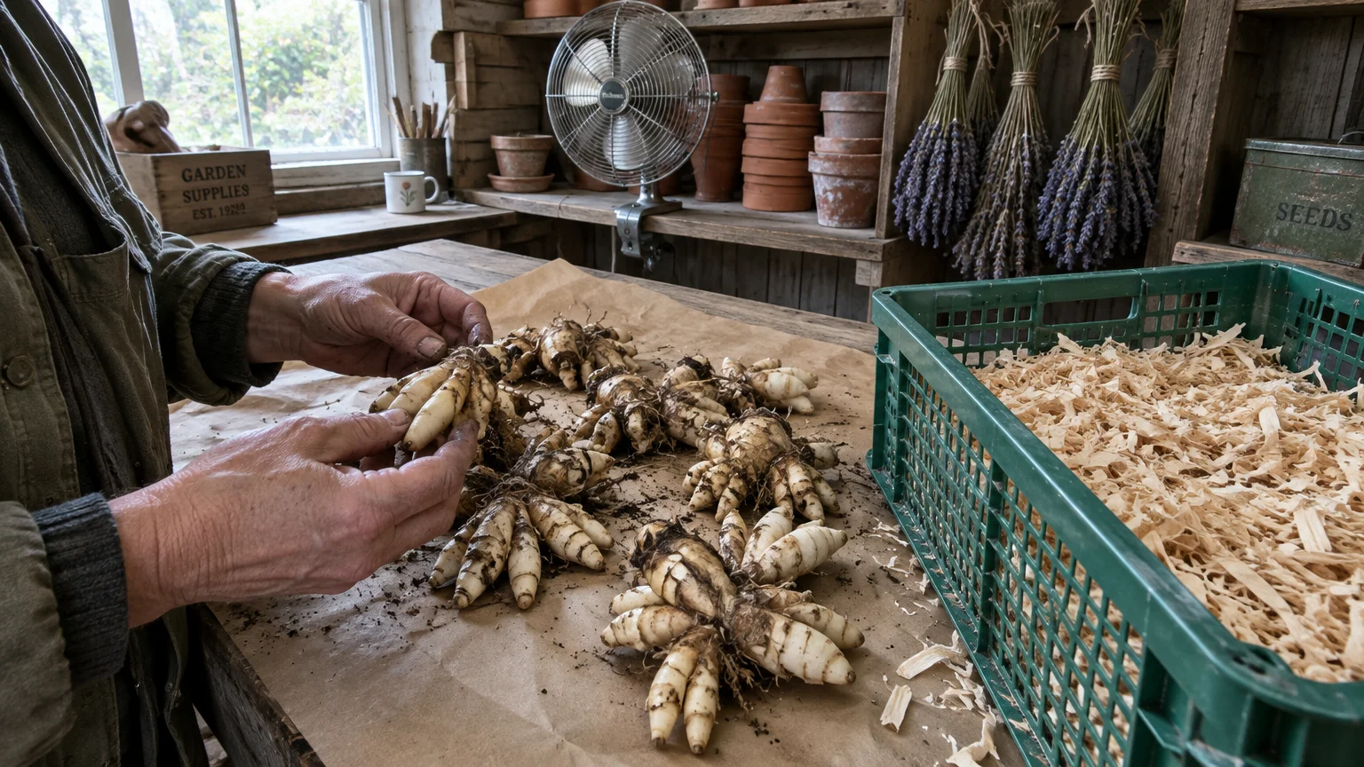 Hands inspecting harvested tubers on brown paper beside a crate of wood shavings in a potting shed.