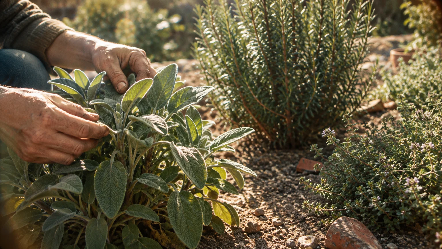 Hands tending a velvety sage plant growing in dry soil beside upright rosemary and low-growing thyme.