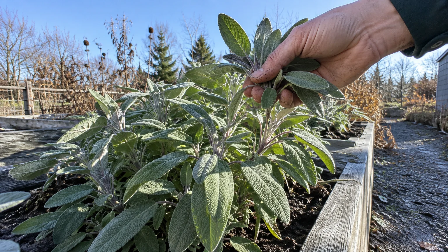A gardener's hand holds a cluster of frosted sage leaves growing in a wooden raised garden bed under a clear sky.