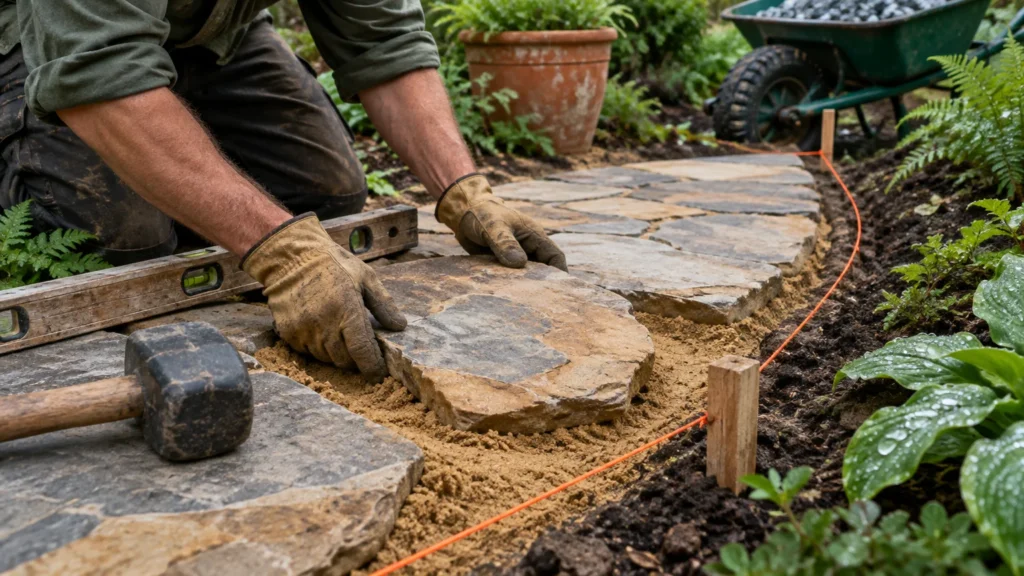 Person in work gloves laying flat stone pavers into sand along a curved garden path border.