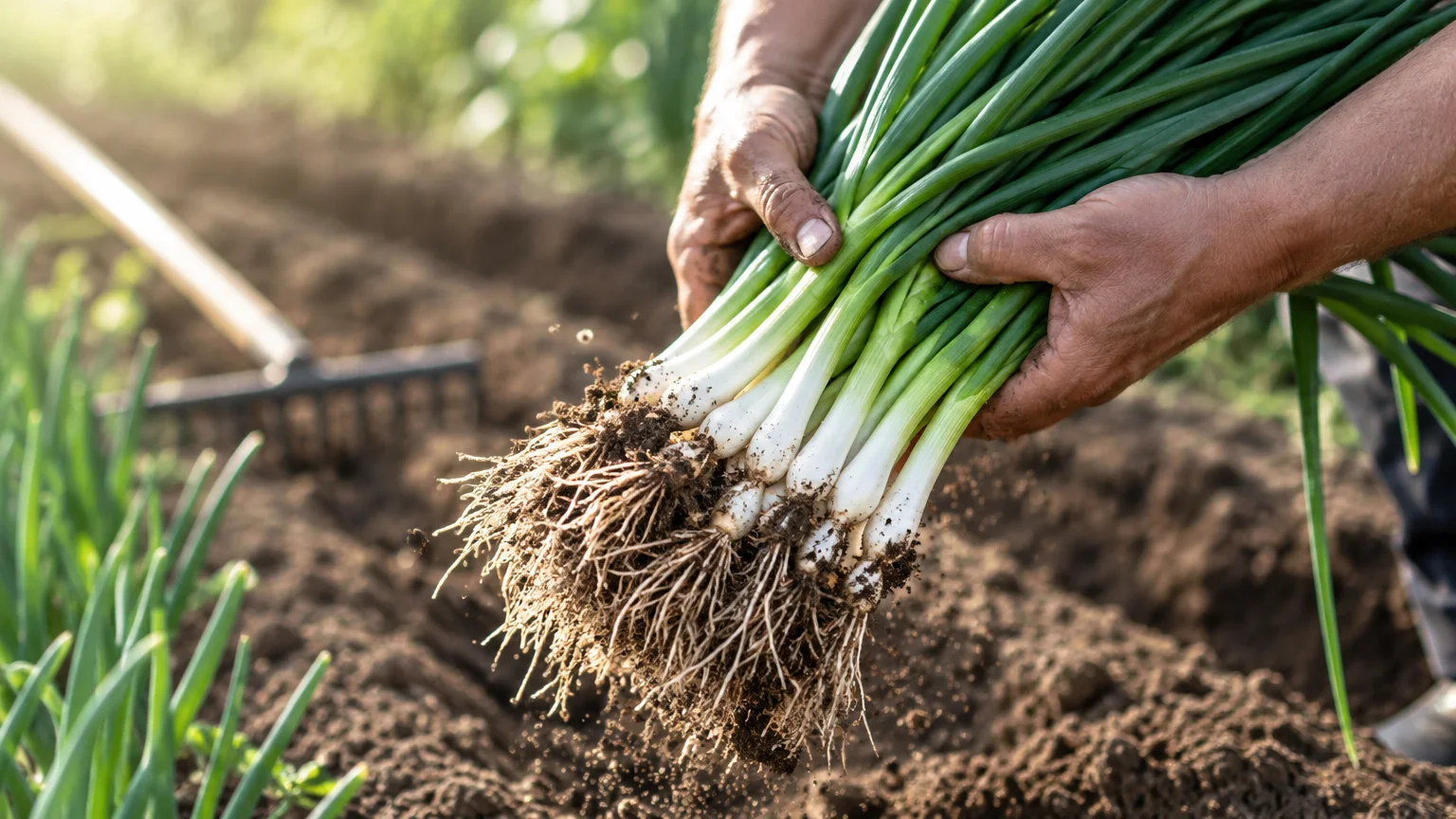 Hands holding a freshly pulled bunch of green onions with roots and soil over a garden bed.
