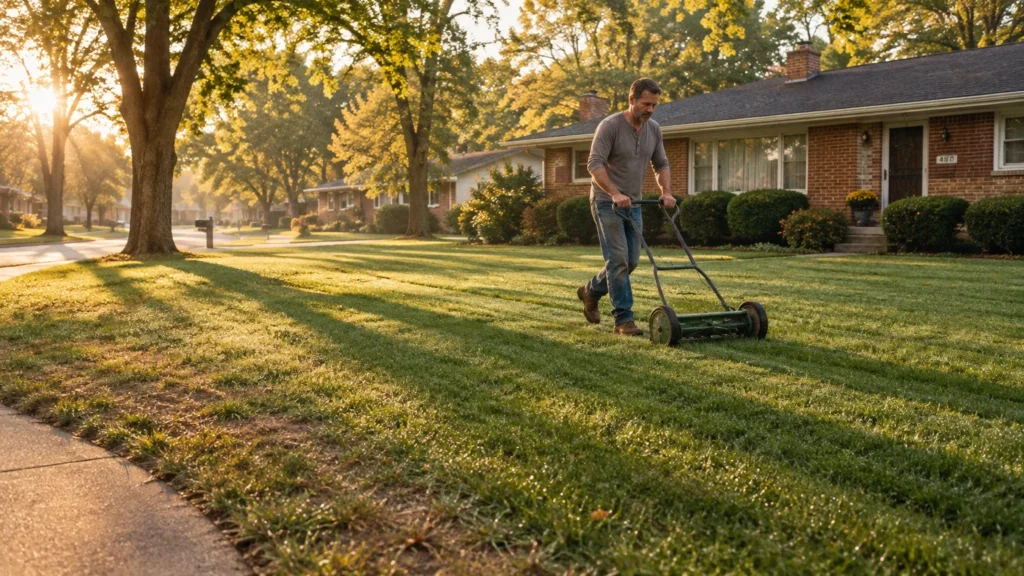 A man pushes a manual reel mower across a green front yard outside a brick suburban home in morning sunlight.