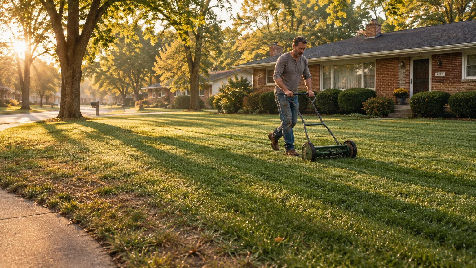 A man pushes a manual reel mower across a green front yard outside a brick suburban home in morning sunlight.