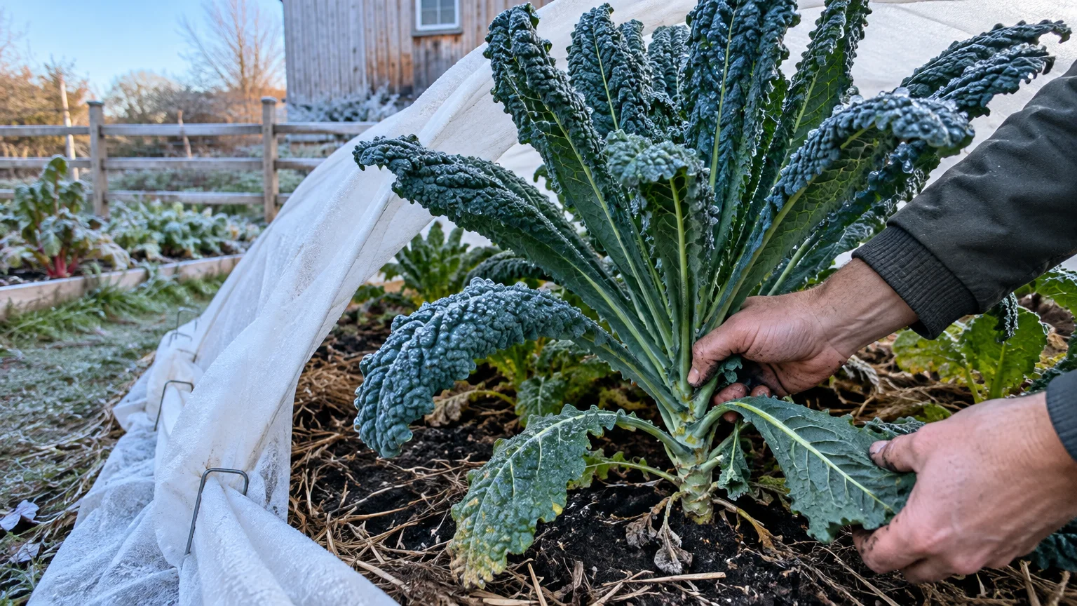 Hands tending a frosty Lacinato kale plant growing inside an open white garden row cover.