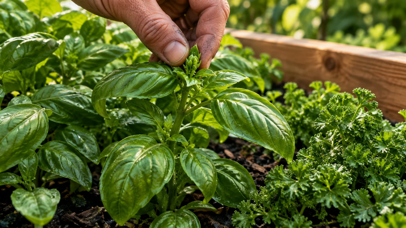 A gardener's hand pinching the flower bud of a sweet basil plant growing next to curly parsley in a raised wooden garden bed.