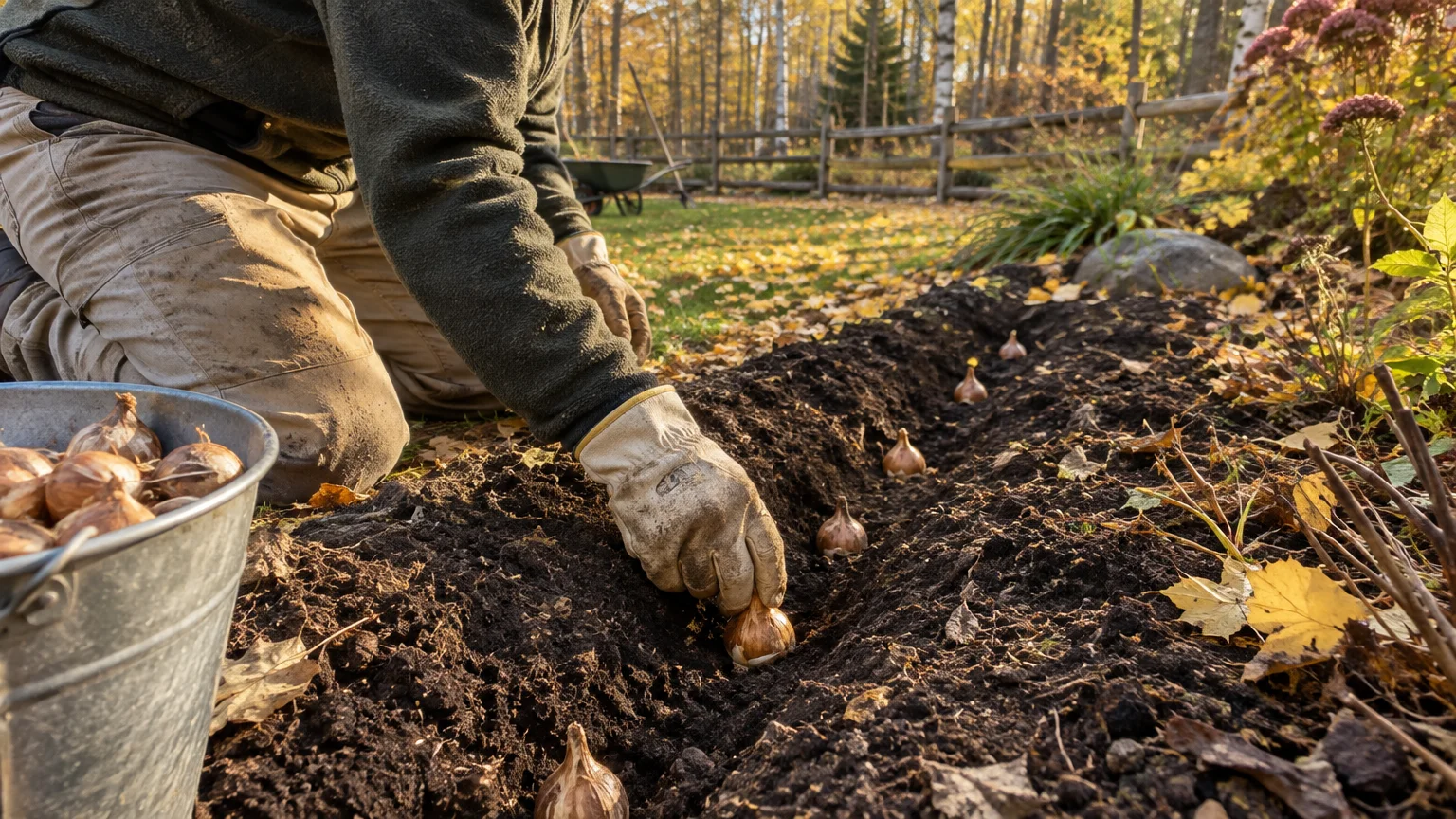 A gardener in work gloves places flower bulbs into a garden trench beside a metal bucket filled with bulbs.