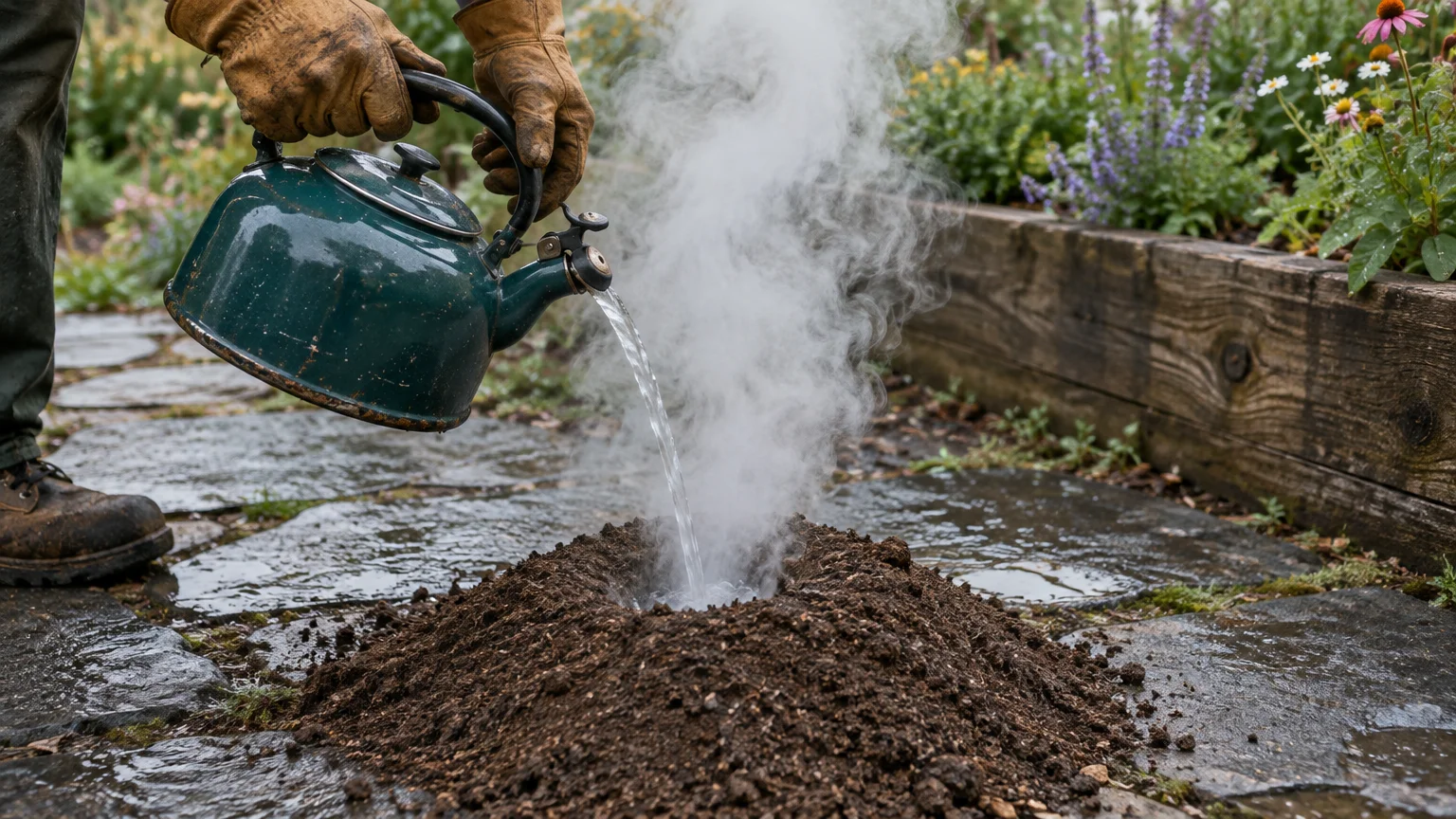 A gloved person pours steaming water from a teal kettle into an ant mound on stone pavers near a garden bed.