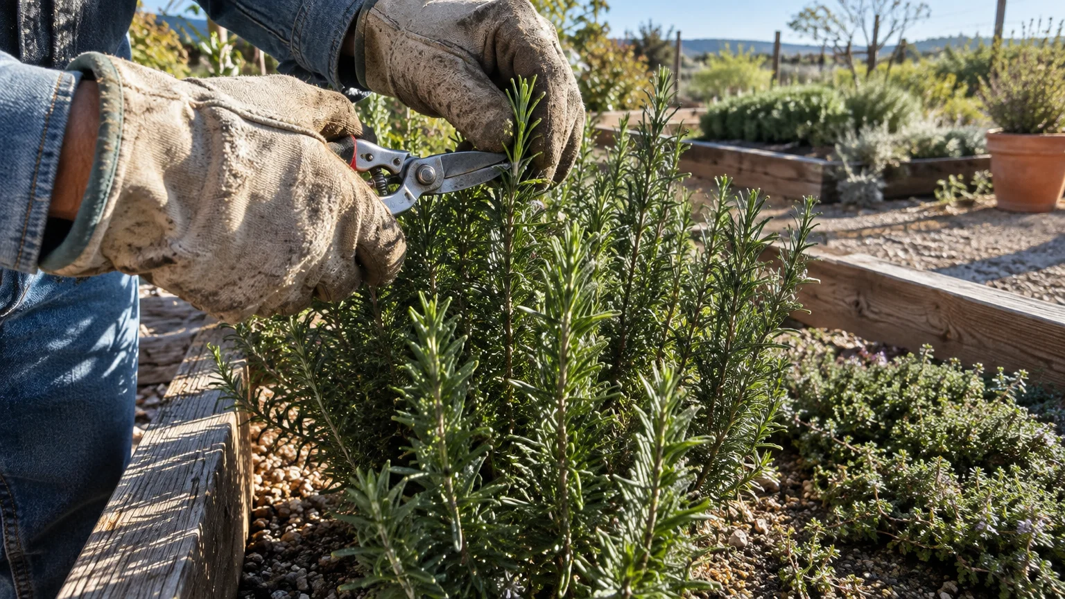 Gloved hands using garden shears to prune a bushy rosemary plant growing in a wooden raised bed.