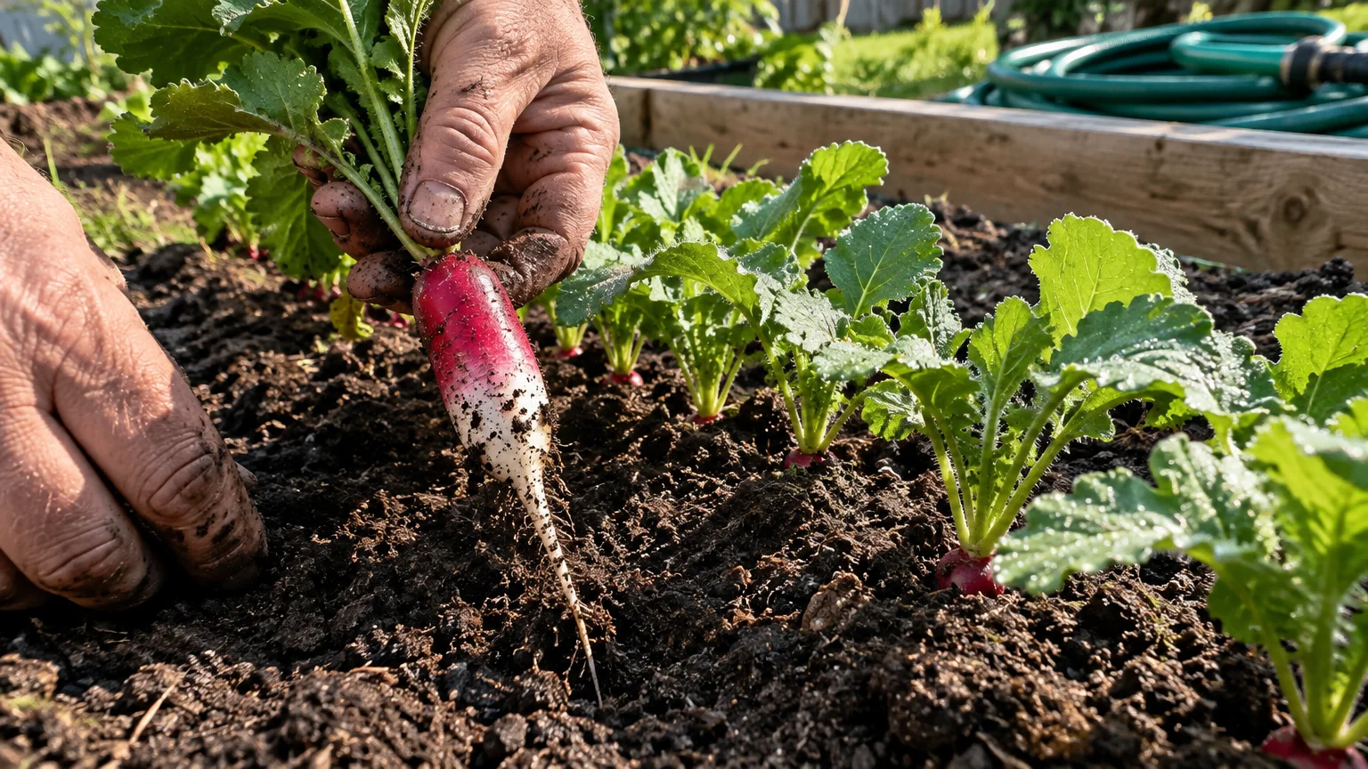 Hands pulling a fresh red and white radish from dark soil in a garden bed next to growing greens.