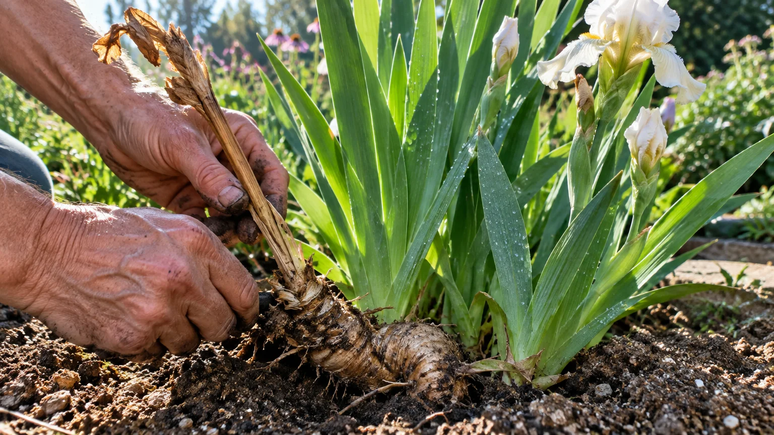 Hands holding a dried, brown stalk attached to an exposed iris rhizome growing beside fresh green foliage and white flowers.