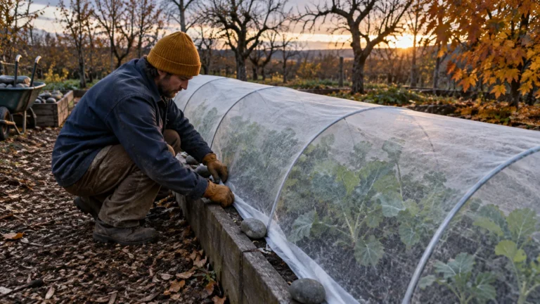 A man secures translucent row cover fabric with stones over leafy crops in a garden bed at sunset.