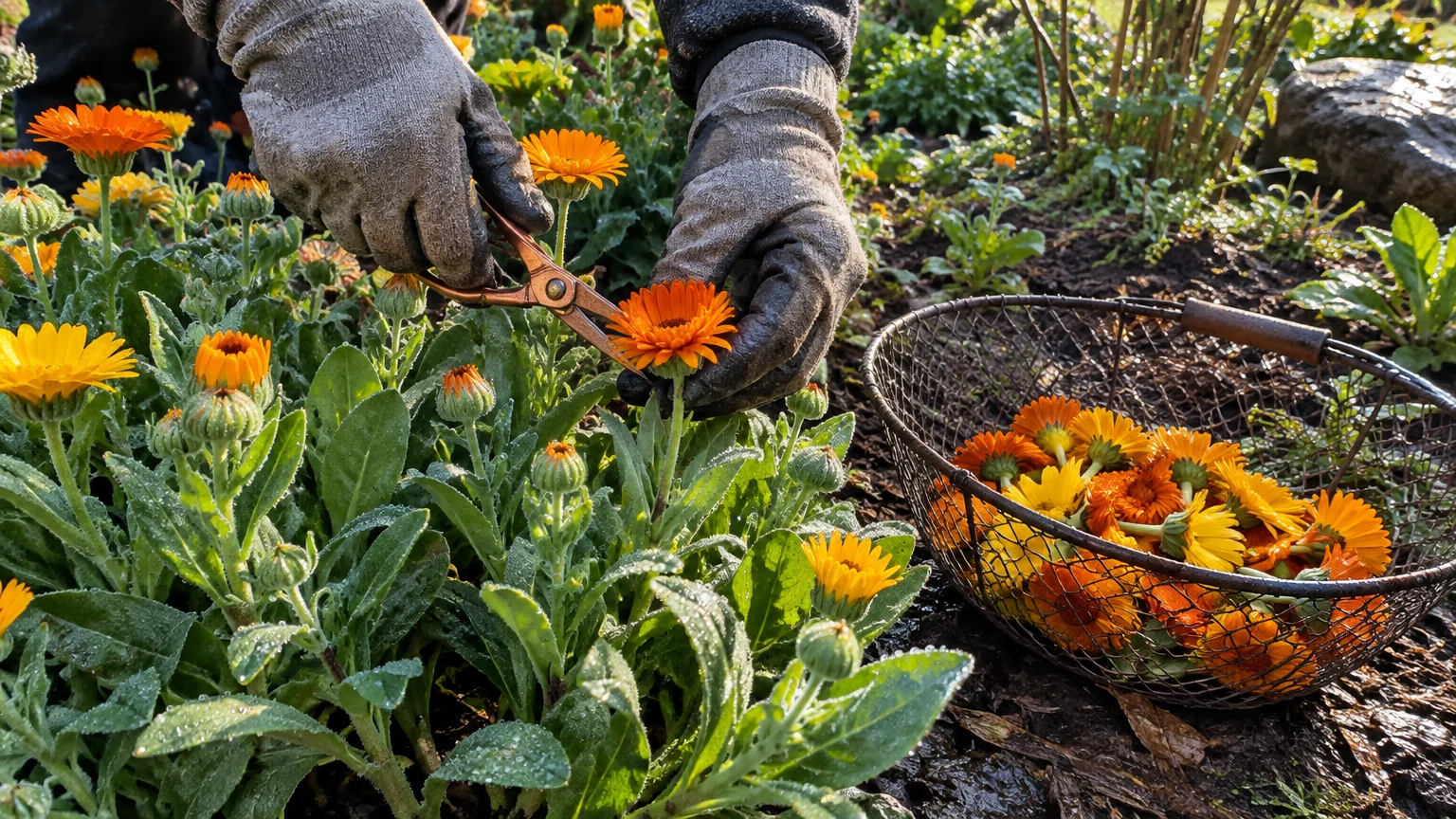 Gloved hands use pruning shears to harvest orange calendula blossoms into a round wire basket in a garden bed.