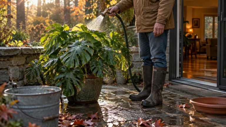 Person spraying water with a garden hose onto a large potted monstera plant on a stone patio outside a home.