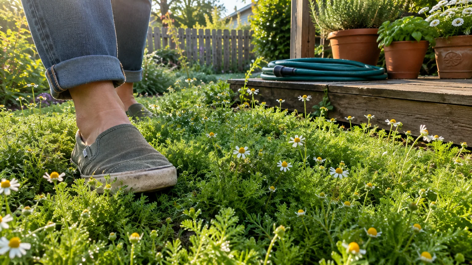 Person in green slip-on shoes walking through a lush patch of Roman chamomile dotted with small daisy-like white flowers.