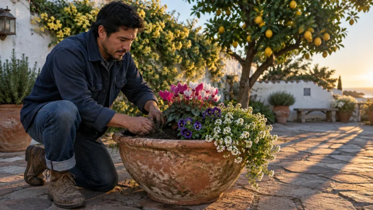 A man kneels on a stone patio tending a large terracotta bowl planted with pink cyclamen, purple violas, and white flowers.