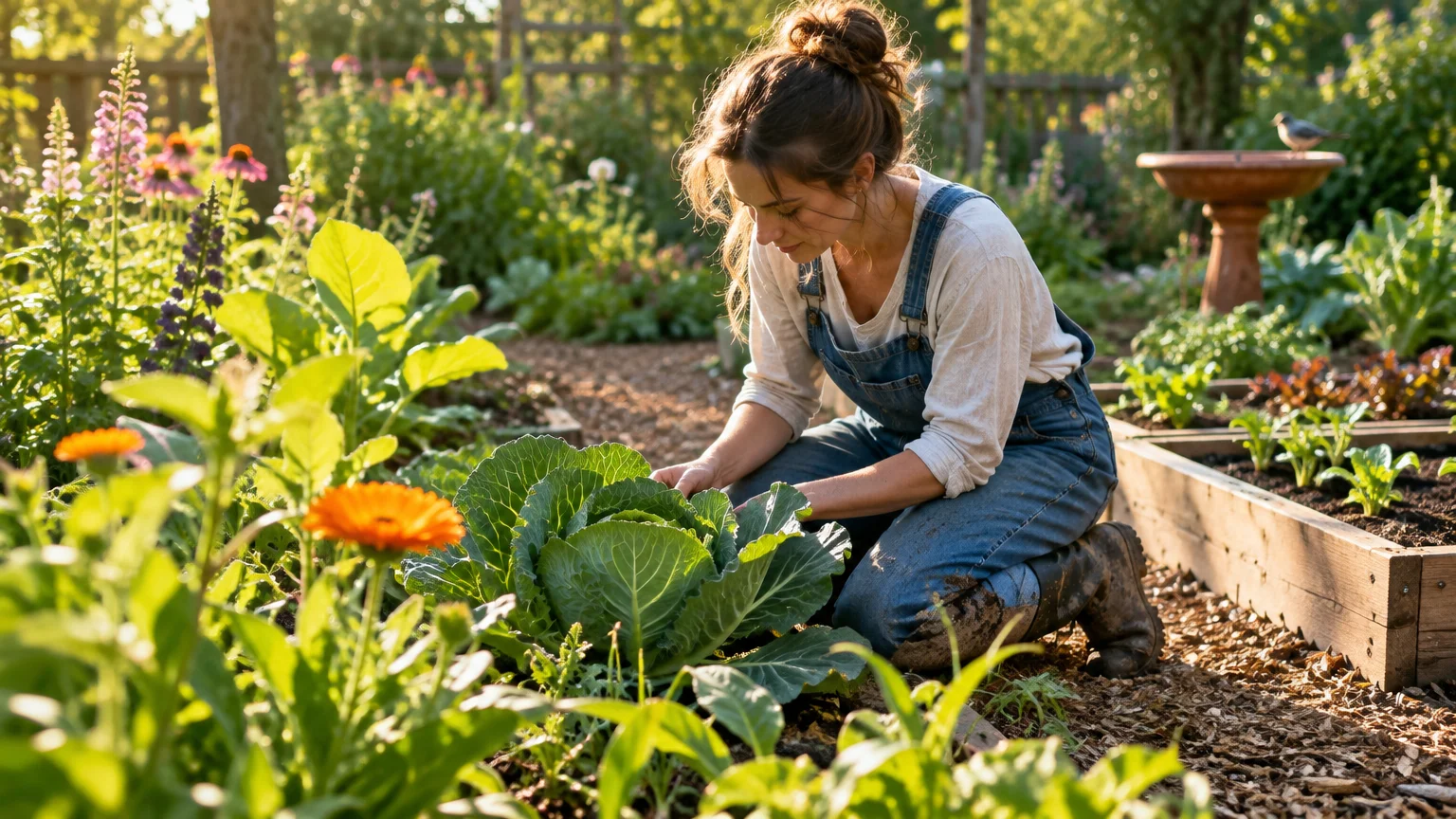 A woman in denim overalls kneels by leafy cabbage in a lush, sunlit garden surrounded by flowers and raised beds.