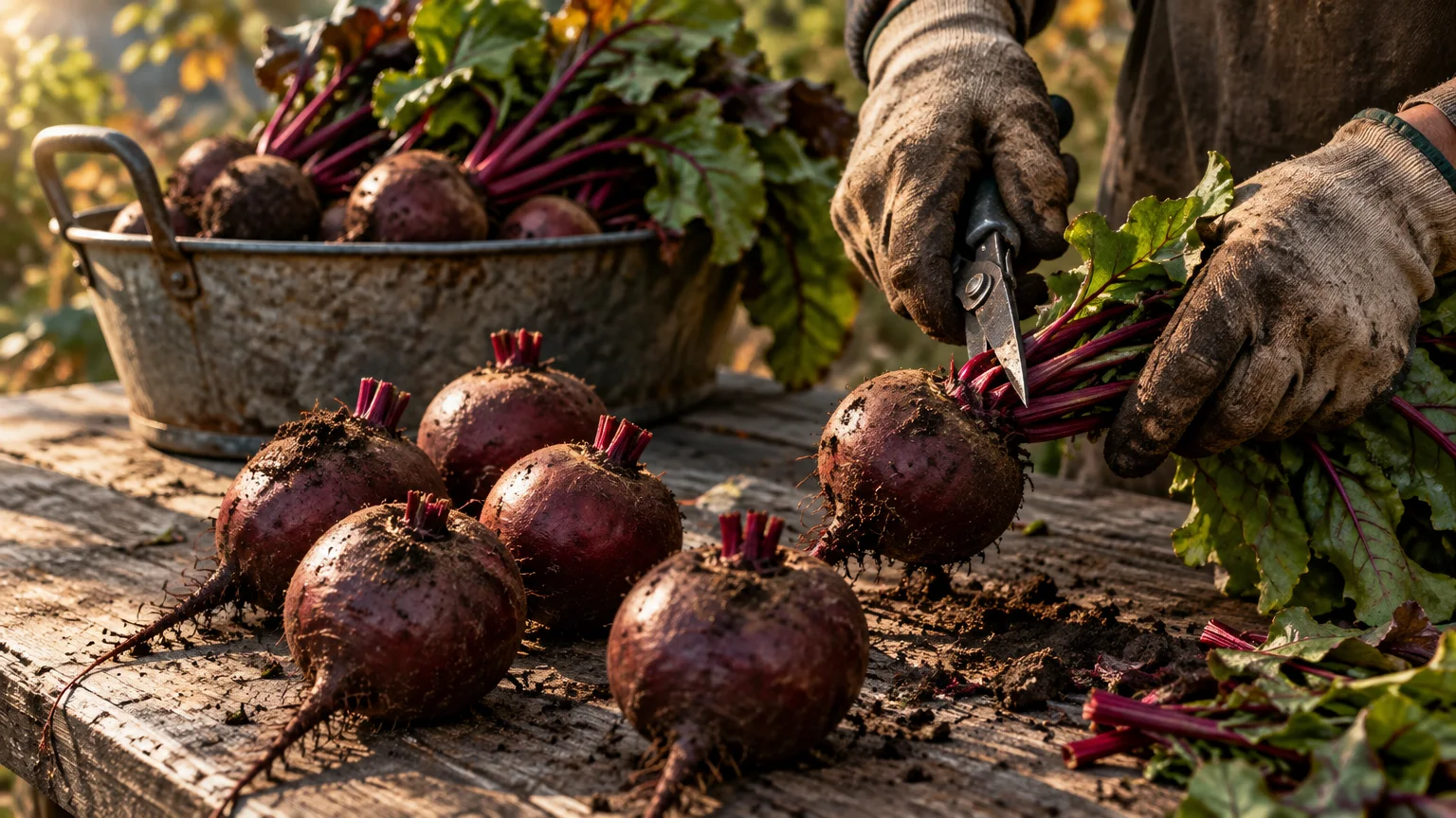 Gloved hands cutting leafy beet stems on a wooden table beside freshly harvested beets and a metal basin.