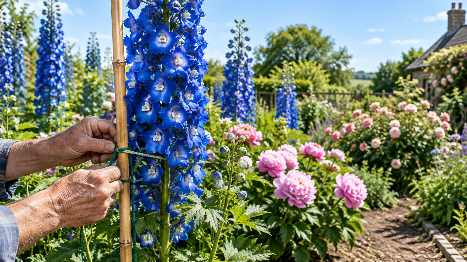 Hands tying a tall blue delphinium flower stalk to a bamboo cane stake beside pink peonies in a cottage garden.