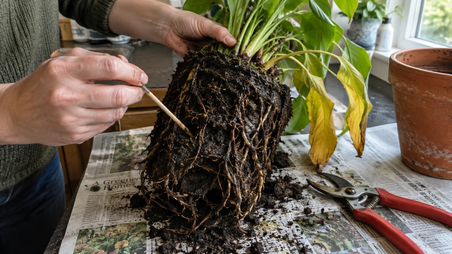 Hands inspect the dark, wet root ball of a potted plant with a wooden stick next to pruning shears on newspaper.