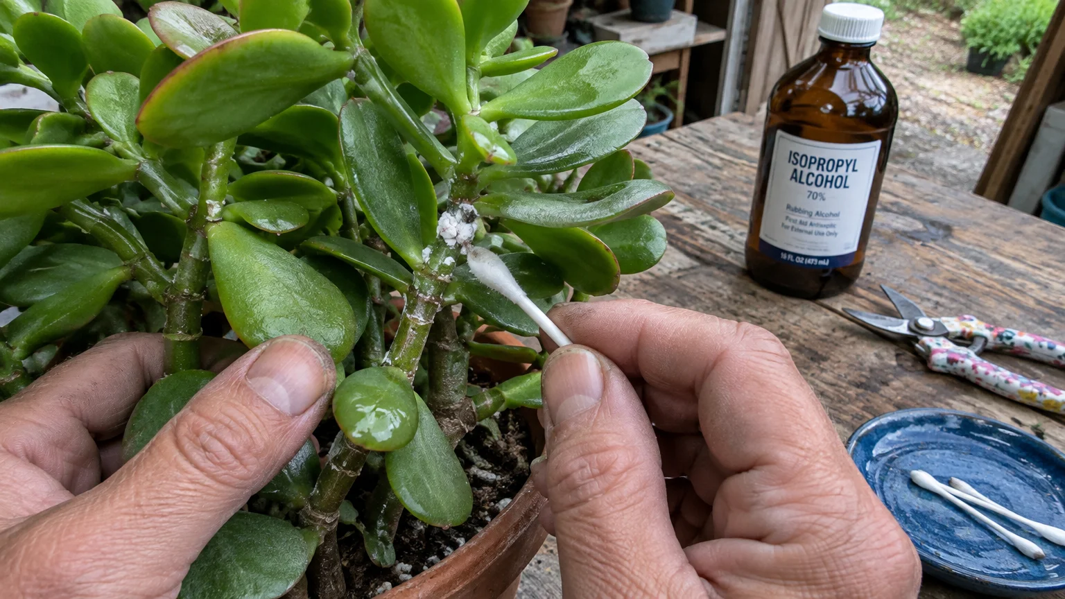 A person using a cotton swab to clean white mealybugs off a jade plant stem next to a bottle of isopropyl alcohol.