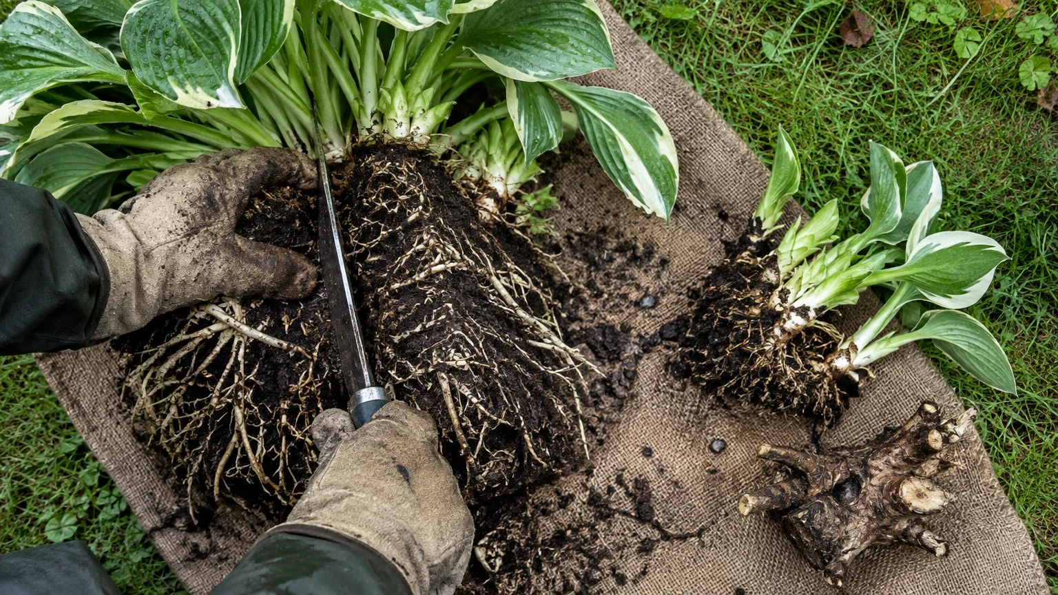 Gloved hands use a garden knife to slice through an overgrown hosta root clump resting on burlap.