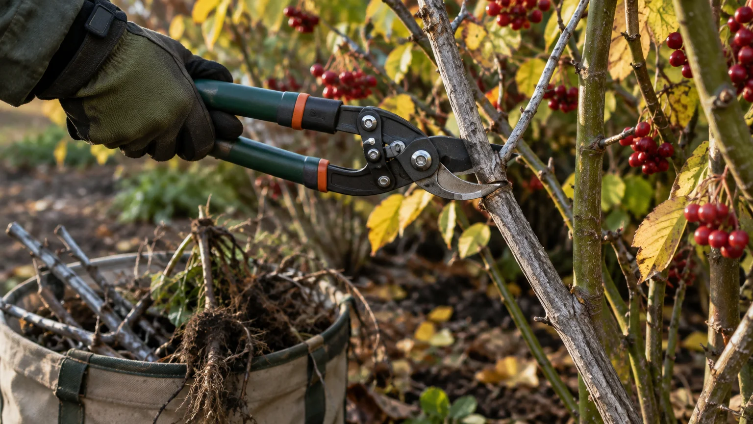 A gloved gardener uses bypass loppers to cut a thick branch on a berry bush near a basket of garden debris.