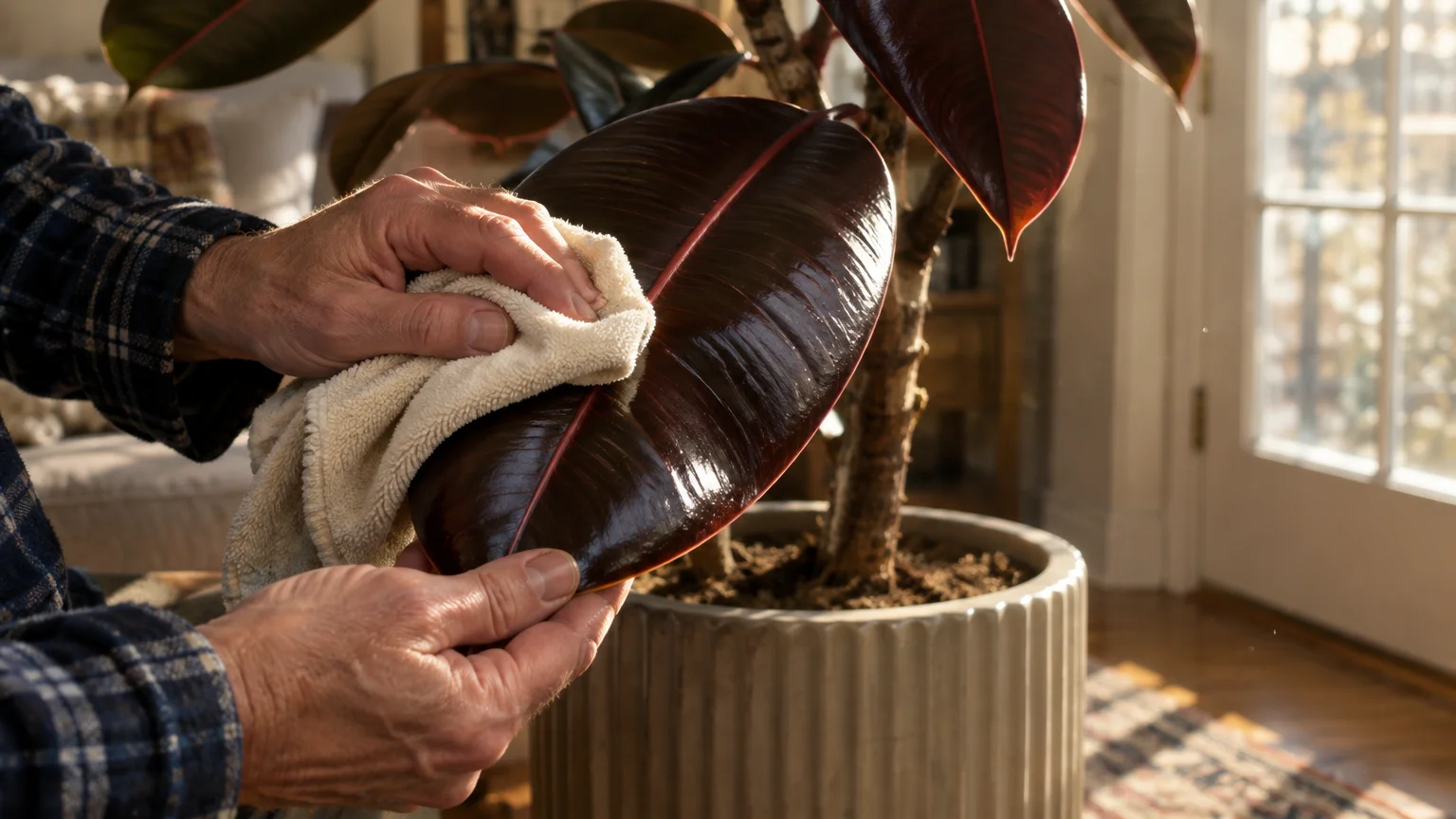 Hands wiping a large, glossy dark burgundy rubber tree leaf with a soft cloth indoors beside a potted plant.