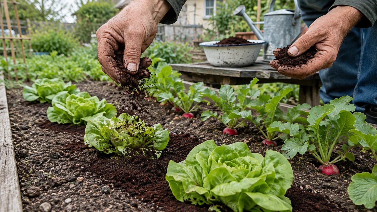 A gardener's hands sprinkling dark coffee grounds over garden soil around growing heads of lettuce and radishes.