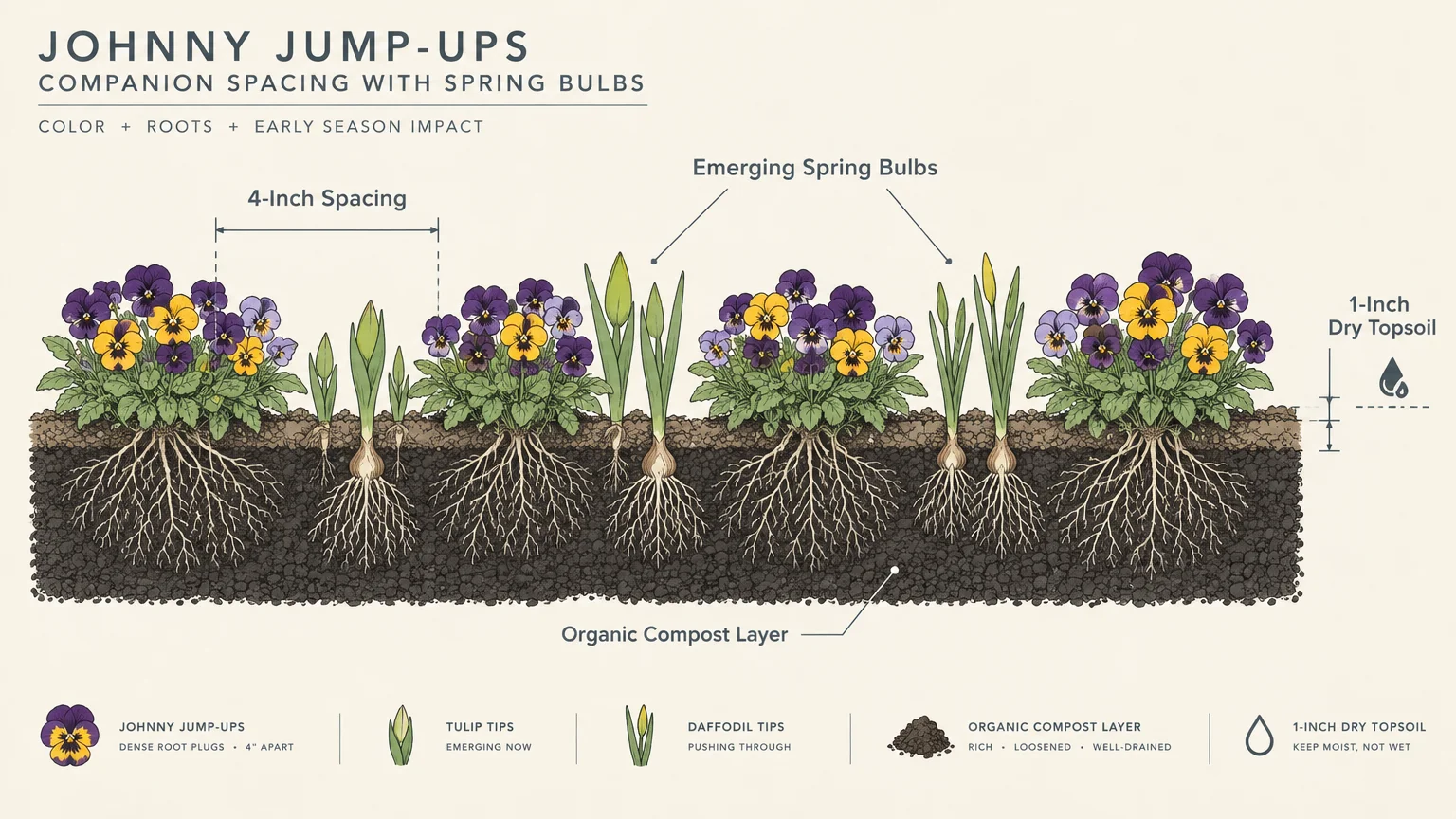 Cross-section diagram of Johnny jump-up flowers and emerging bulbs spaced four inches apart in soil with visible root systems.