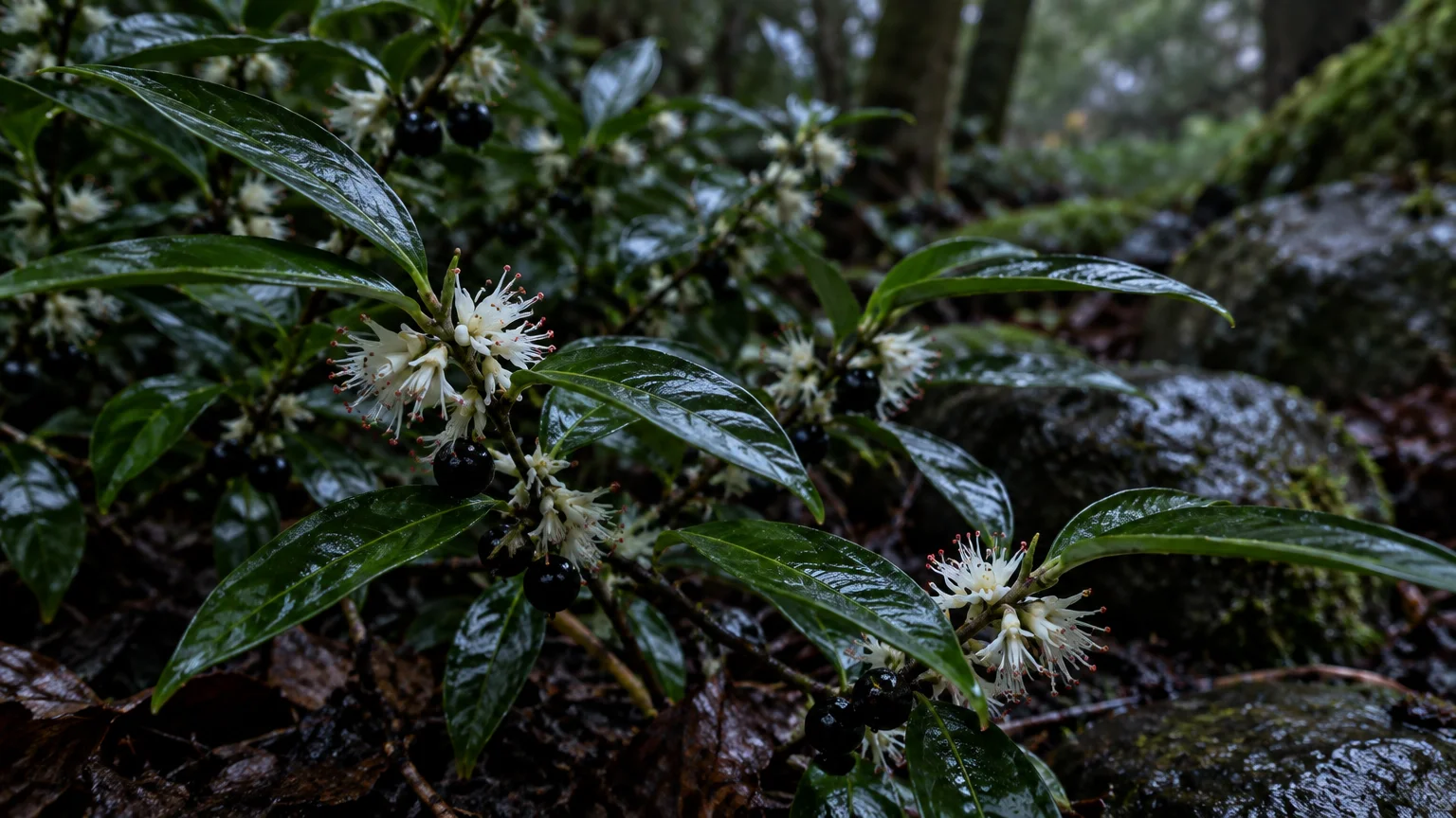 Glossy evergreen shrub with delicate, spidery white blossoms and shiny black berries growing among wet leaves and mossy rocks.