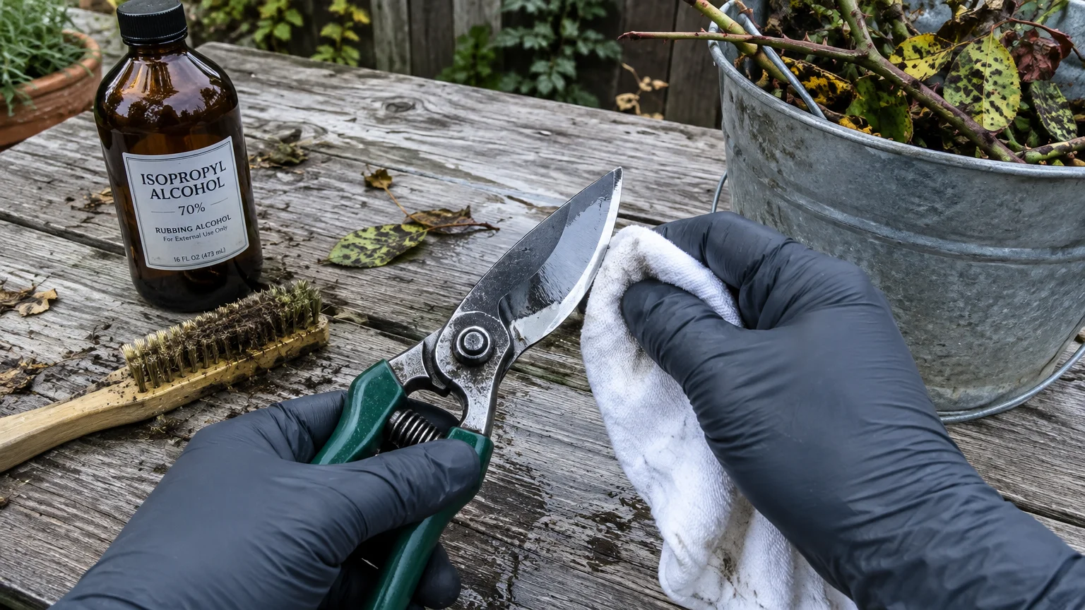 Gloved hands wipe garden shears with a cloth beside rubbing alcohol and a bucket of spotted plant clippings.