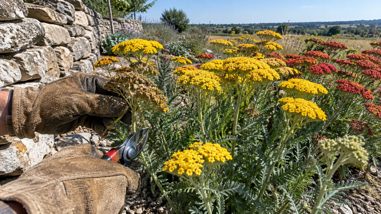 Gloved hands use pruning shears to cut a faded yellow yarrow flower in a sunny garden bed alongside a stone wall.