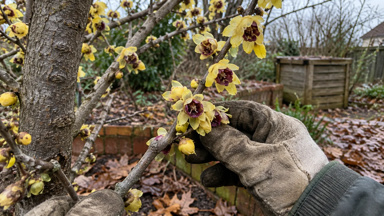 Gloved hand gently holding a bare branch covered in pale yellow flowers with deep purple centers.