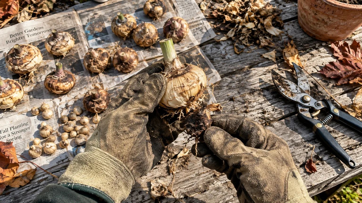 Gloved hands cleaning freshly dug gladiolus corms on a weathered wooden table beside garden shears and newspaper.