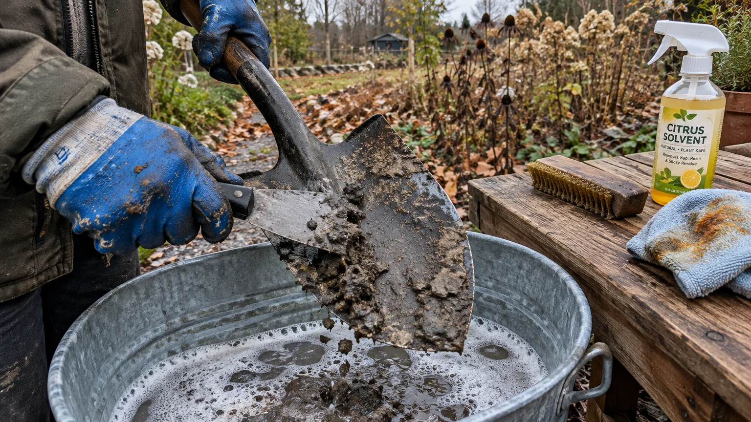 Gloved hands scrape mud off a shovel with a putty knife over a wash tub, near a wire brush and citrus solvent bottle.