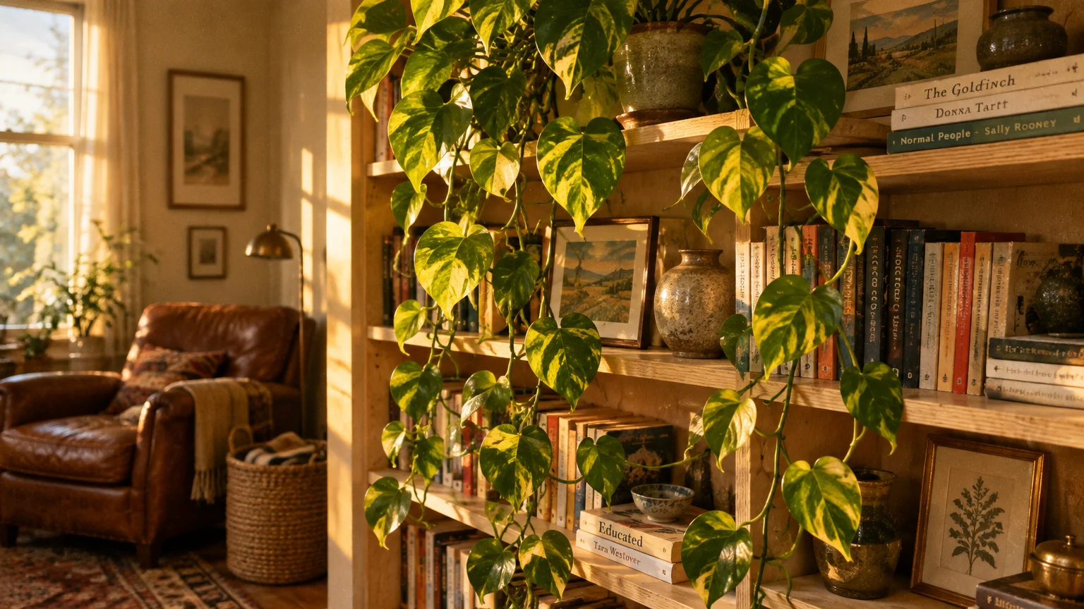 Variegated pothos plant cascading down a wooden bookshelf filled with books, illuminated by warm sunlight in a cozy room.